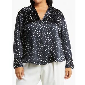 Vince 100%‎ Silk Blouse Navy White Polka Dot Button Front Top Plus 2X NWT Luxury